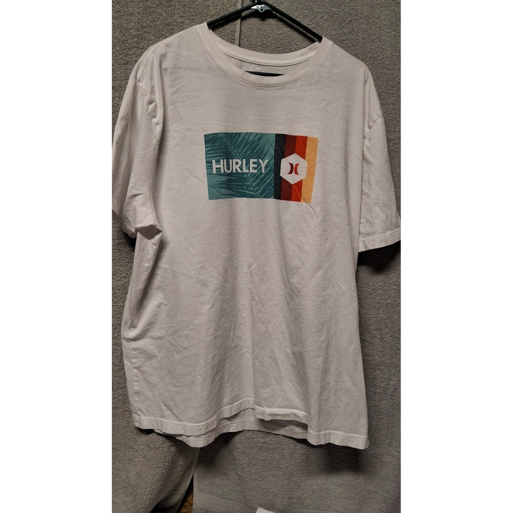 Hurley Mens XXL White Graphic T-Shirt Tropical Palm Retro Stripe Logo Tee B 5